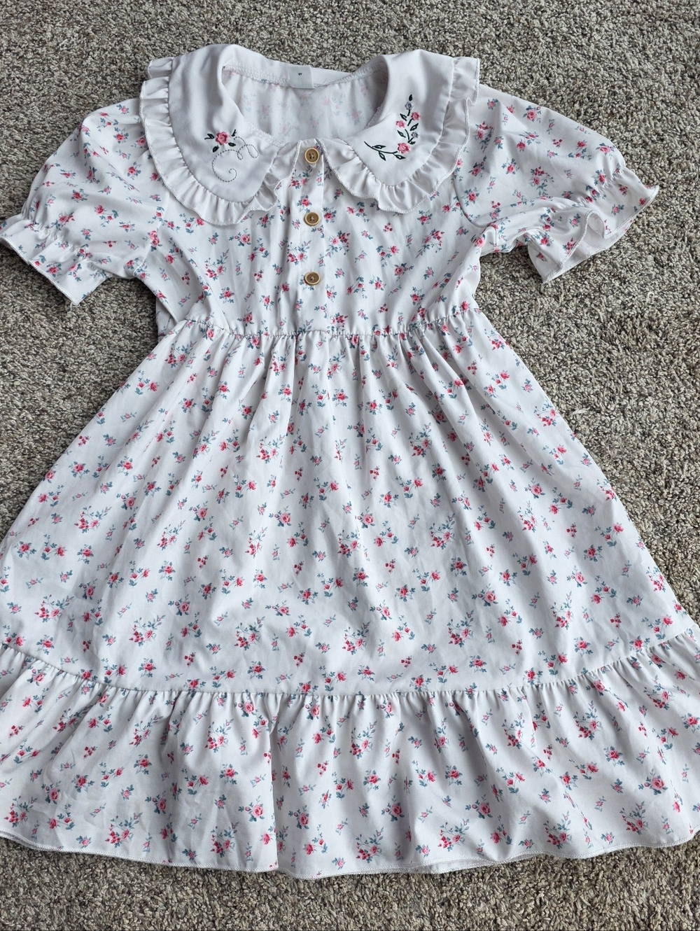 Girls White Floral Dress with Peter Pan Collar